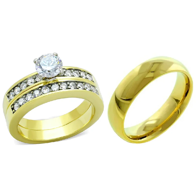 Dewdrop gem ring-His Hers Couple 3 PCS 6x6mm Round Cut CZ Gold IP Stainless Steel Wedding Set Mens Gold Band