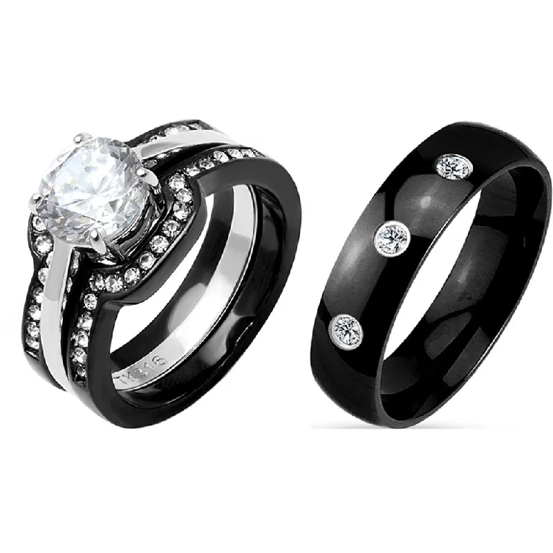 Floating diamond ring-His Hers Couple Ring Set Womens Round CZ Anniversary Two Tone Ring Set Mens 3 CZs Band