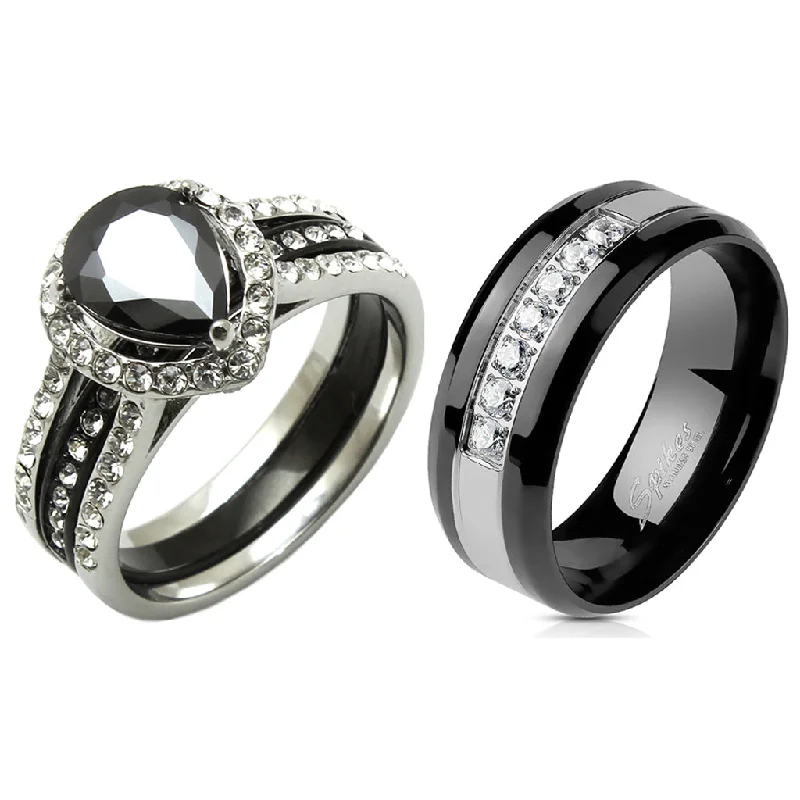 Linked knot ring-His Hers Couples Ring Set Womens Black Pear CZ Wedding Ring Mens 7 CZs Two Tone Band