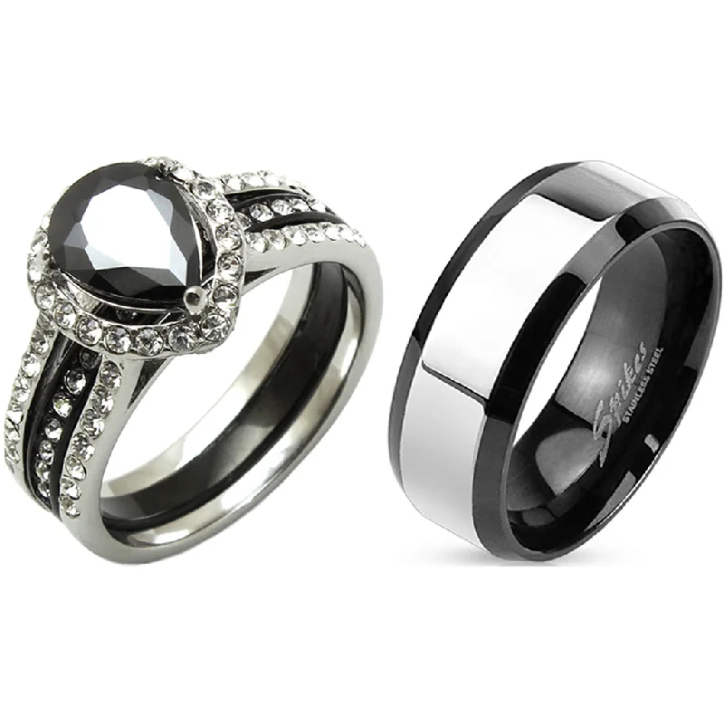 Engraved initial ring-His Hers Matching Couple Ring Set Womens Black Pear CZ Wedding Ring Set Mens Two Tone Band