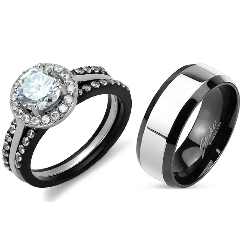 Parted-tier ring-His Hers Matching Ring Set Womens 1 Carat 7x7mm CZ Black Wedding Ring Set Mens Two Tone Band