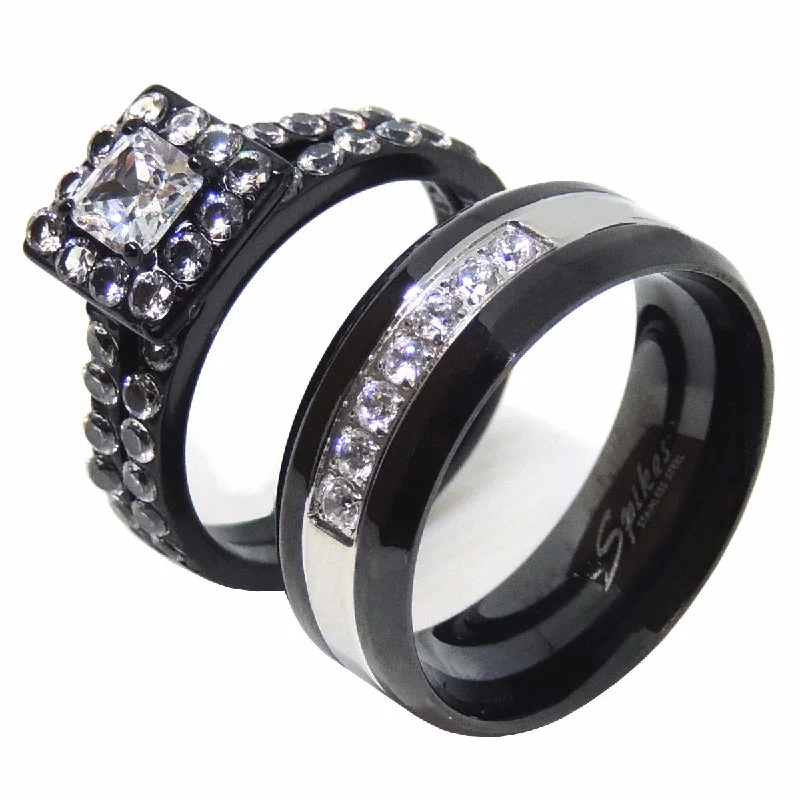 Ragged edge ring-His Hers Ring Set Womens Princess Square CZ Bridal Ring Mens 7 CZs Wedding Band