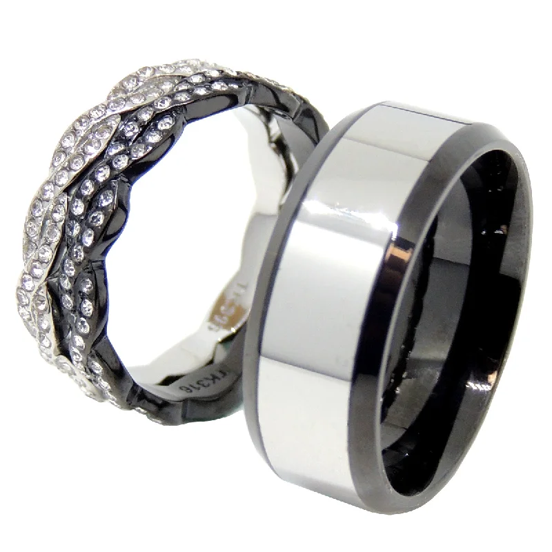 Subtle arc ring-His Hers Ring Set Womens Two Tone Stainless Steel 2 Band Set Mens Two Tone Band