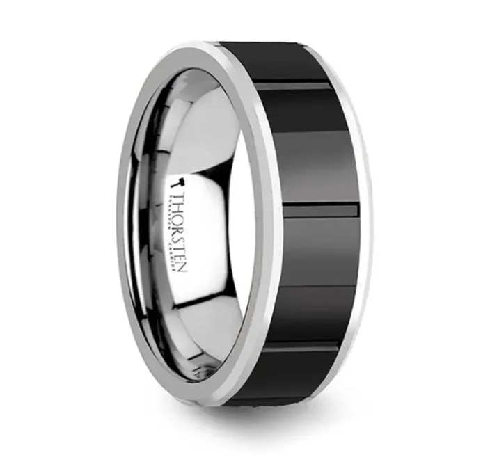 Raised-tier ring-KONSTANTINE Watch Band Style Tungsten Ring With Black Ceramic Inlay - 8mm