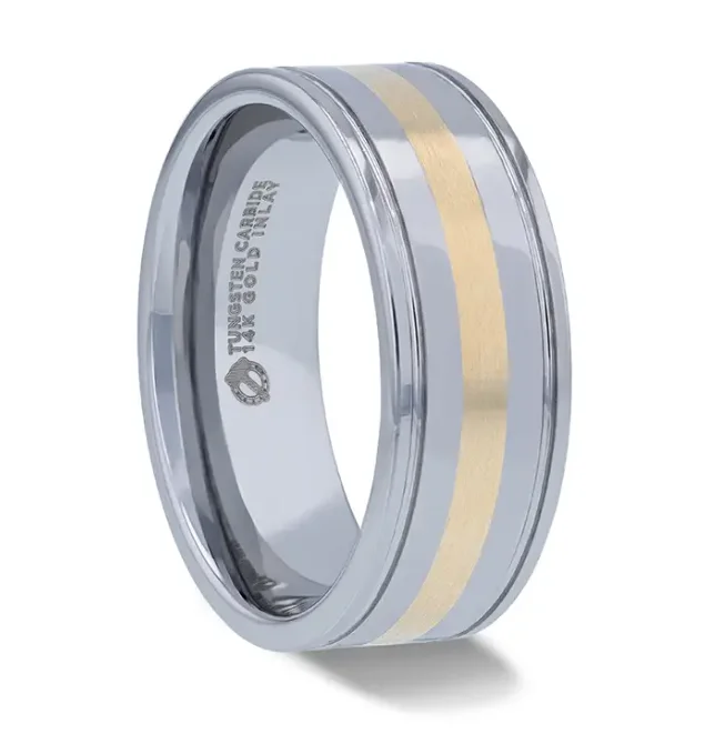 Linked knot ring-LAZIO 14k Gold Inlay with Grooved Edges Tungsten Polished Wedding Band - 8mm