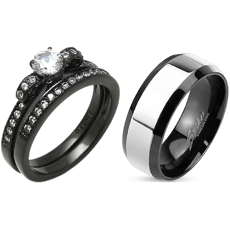 Fine-cut ring-Matching Couple Ring Set Womens Black Anniversary Ring Set Mens Two Tone Band