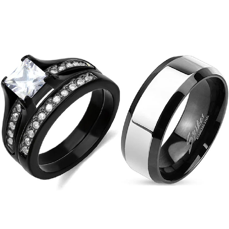 Hovering stone ring-Couple Ring Set 1 Carat Princess CZ Black Stainless Steel Wedding Ring Set Mens Two Tone Band