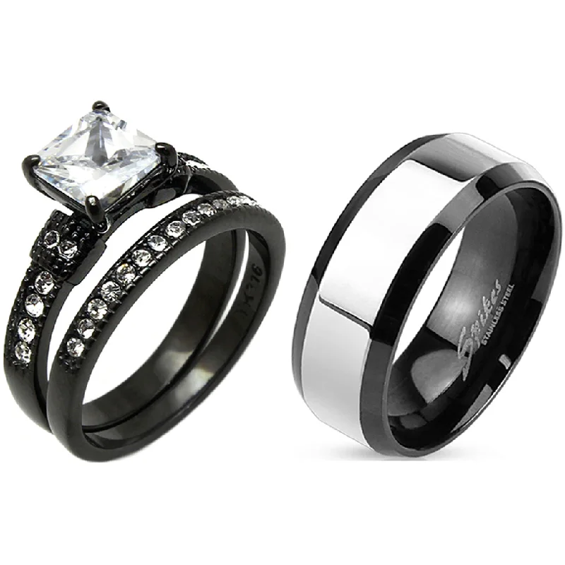 Shimmering stone ring-Matching Couple Ring Set Womens Princess Square CZ Black Wedding Ring Set Mens Two Tone Band