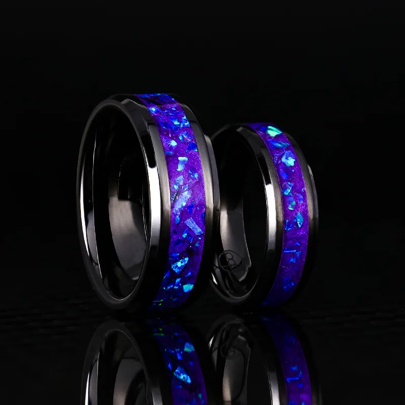 Swirled design ring-Matching Lavender Opal Glowstone Wedding Ring Set on Black Ceramic