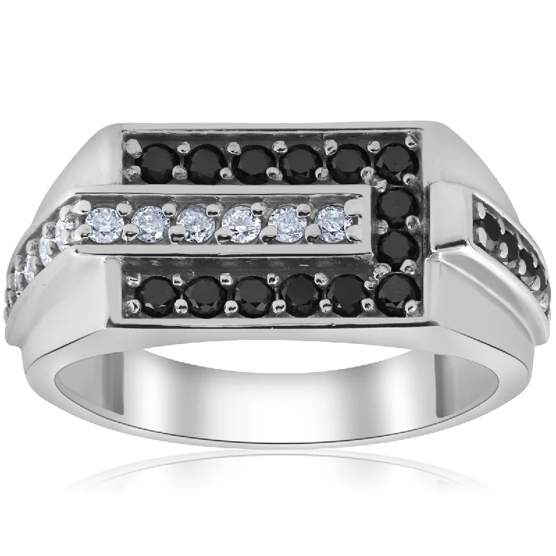 Holo ring-Mens 5/8ct Black & White Diamond Wedding Ring 10k White Gold