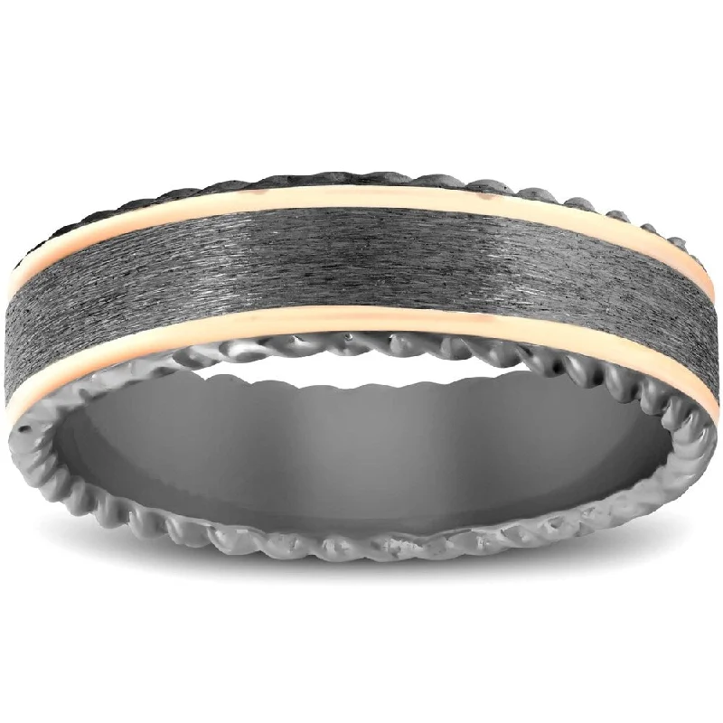 Crafted gold ring-Mens Black & Rose Gold 6MM Comfort Fit Braided Brushed Wedding Band