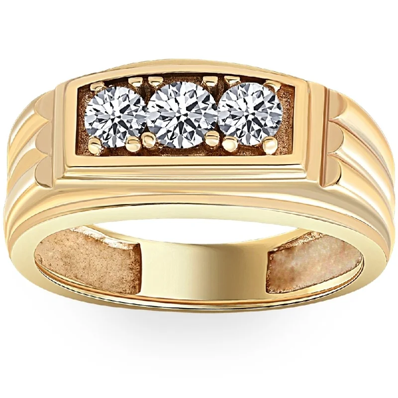 Fine-cut ring-Mens Gold 3/4ct Three Stone Diamond Anniversary Ring 14K Yellow Gold