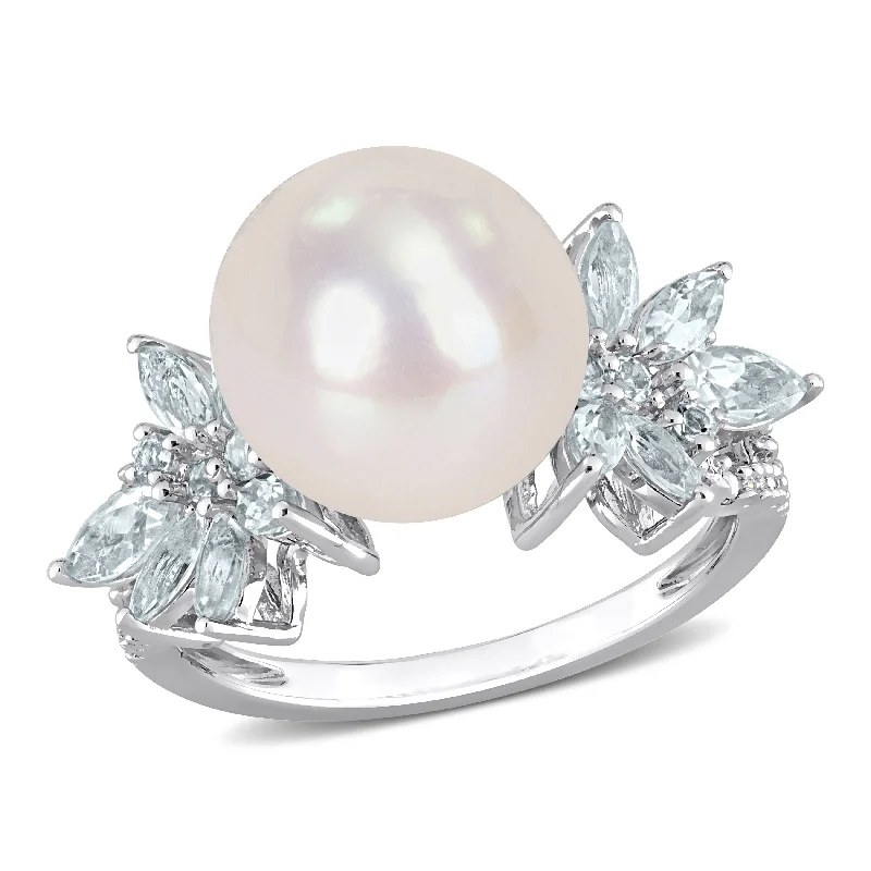 Horizon-cut ring-Mimi & Max 11-12mm Cultured Freshwater Pearl and 1 1/5ct TGW Aquamarine and 1/10ct TDW Diamond Flower Ring in Sterling Silver