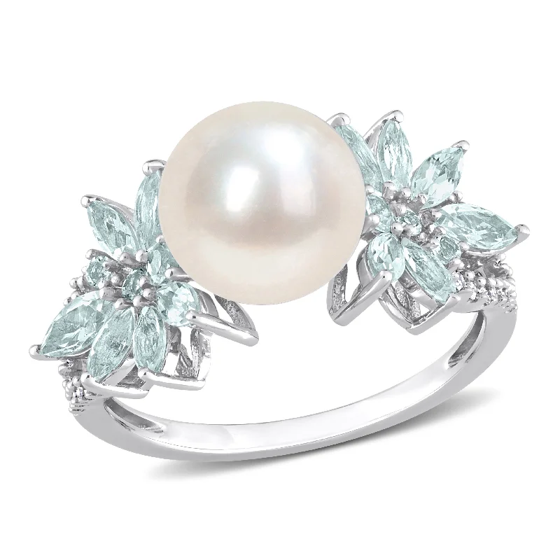 Five-heart ring-Mimi & Max 9-9.5mm Cultured Freshwater Pearl and 3/5ct TGW Aquamarine and 1/8ct TW Diamond Flower Ring in 14k White Gold