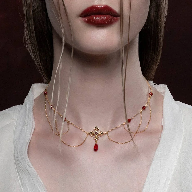 Sharp stone necklace-MUTINY. Fleur de Lis Multi-Drop Garnet Collar - Gold