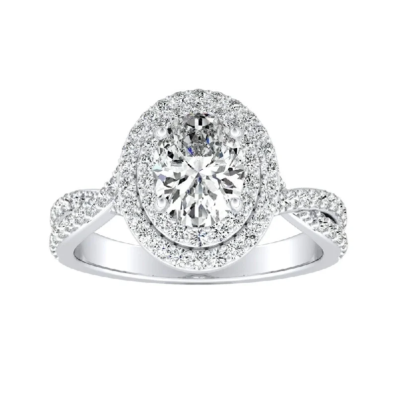 Sharp stone ring-Oval-cut Double Halo Diamond Engagement Ring 1 1/6cttw 18k Gold by Auriya (H-I, SI1-SI2)