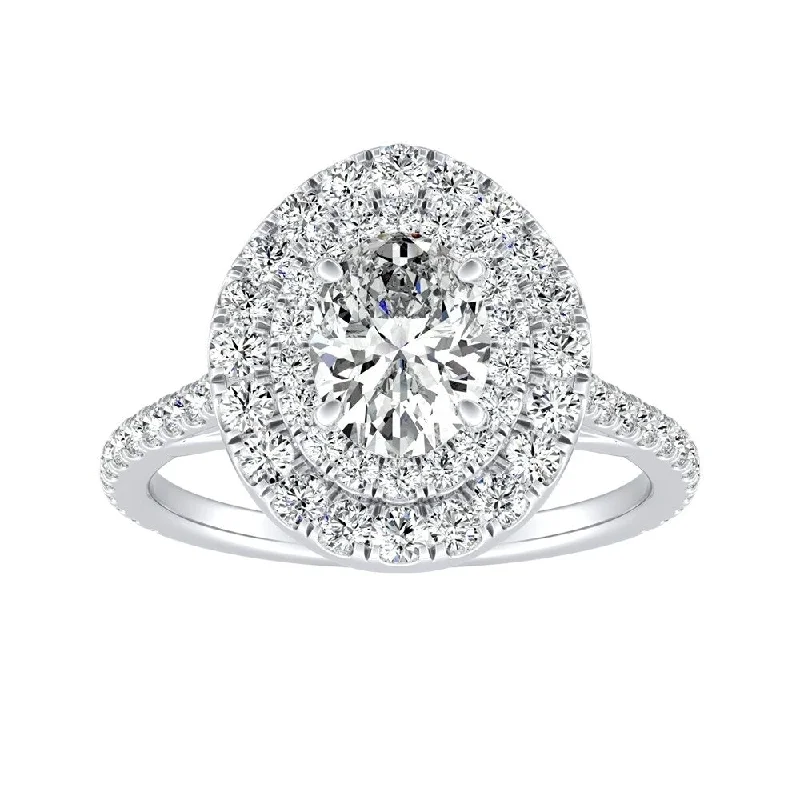 Delicate silver ring-Oval Shape 1 1/4cttw Double Halo Diamond Engagement Ring 18k Gold by Auriya (I-J, I1-I2)