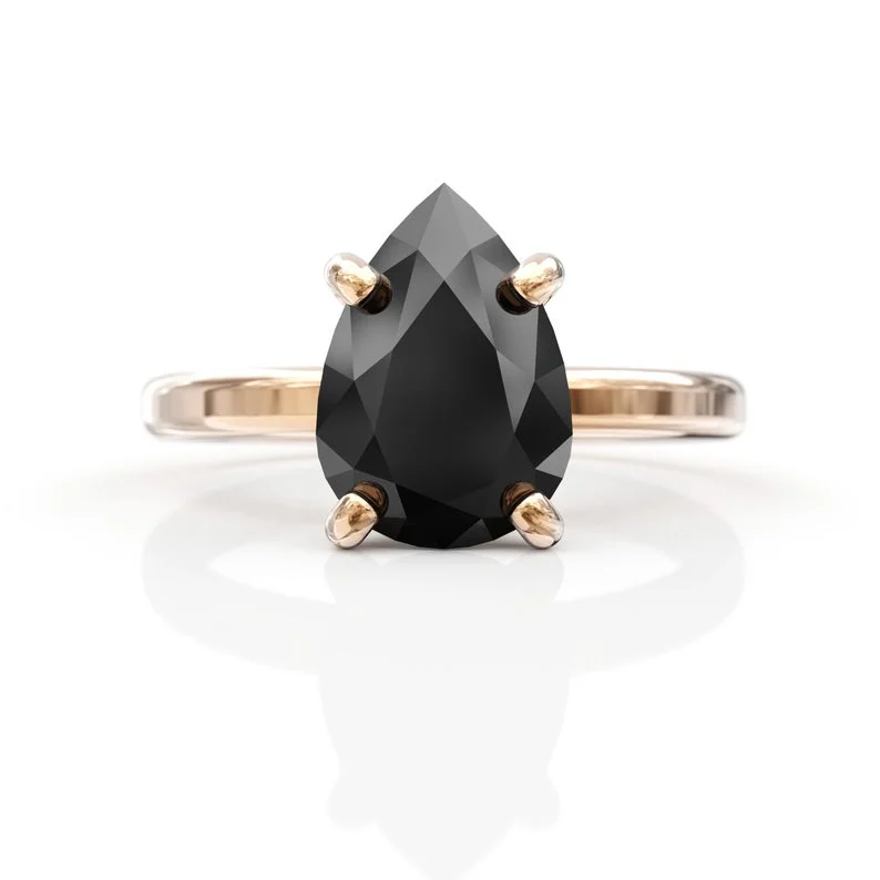 Hovering stone ring-14K Gold Pear Cut Black Diamond Ring For Her