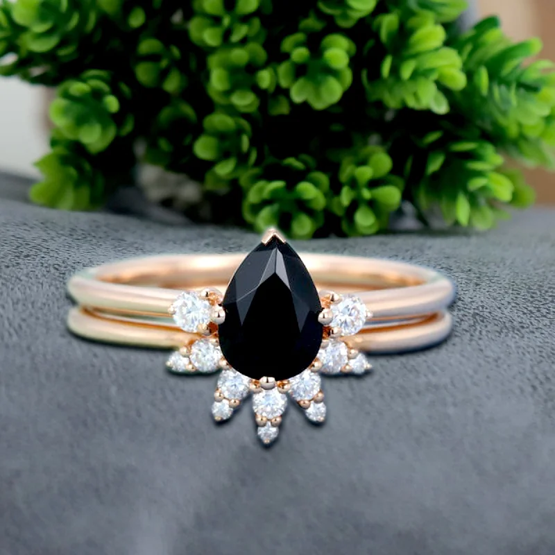 Satin titanium ring-1 CT Pear Shaped Black Diamond Tiara Ring