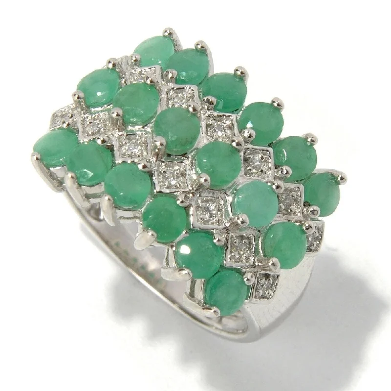 Solid-set pave ring-Platinum O/ Silver 2.17Ctw Sakota Emerald Cluster Ring