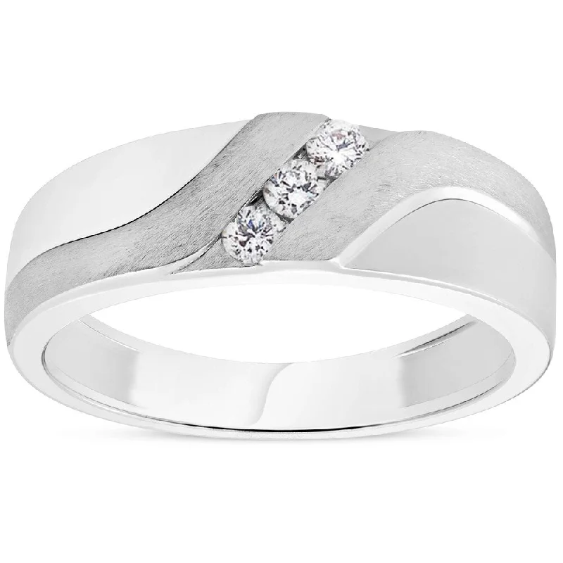 Heavy gold ring-Pompeii3 10k White Gold 1/5ct TDW Diamond Mens Brushed Wedding Three Stone Ring Band