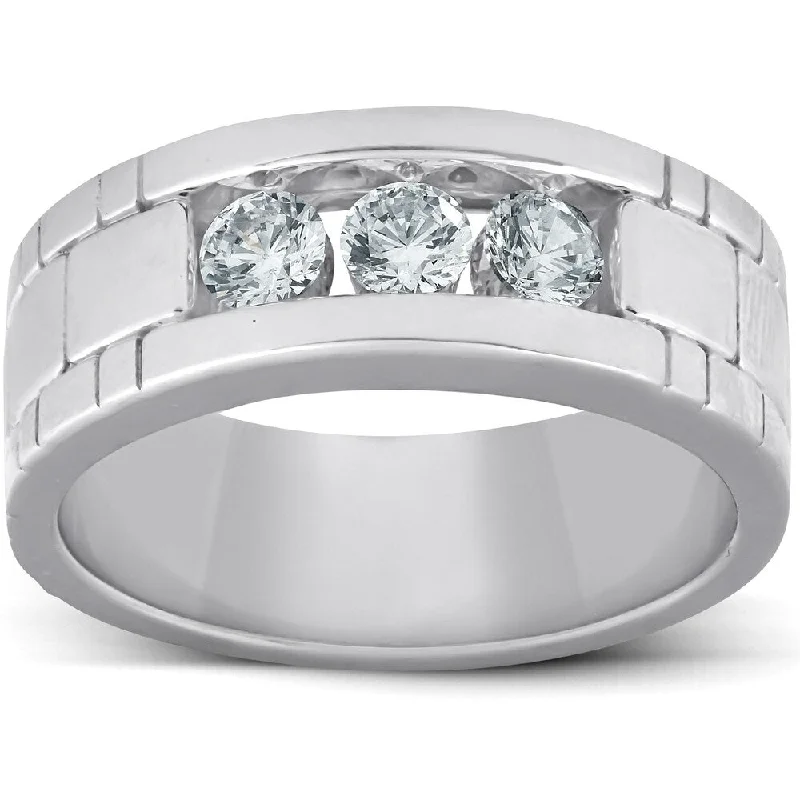 Folk grooved ring-Pompeii3 10k White Gold 1 Ct Three Stone Mens Heavy Weight Anniversary Ring