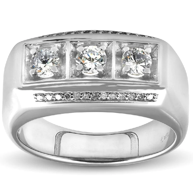 Curving band ring-Pompeii3 10k White Gold 1ct TDW Diamond Mens Three Stone Wedding Anniversary Ring