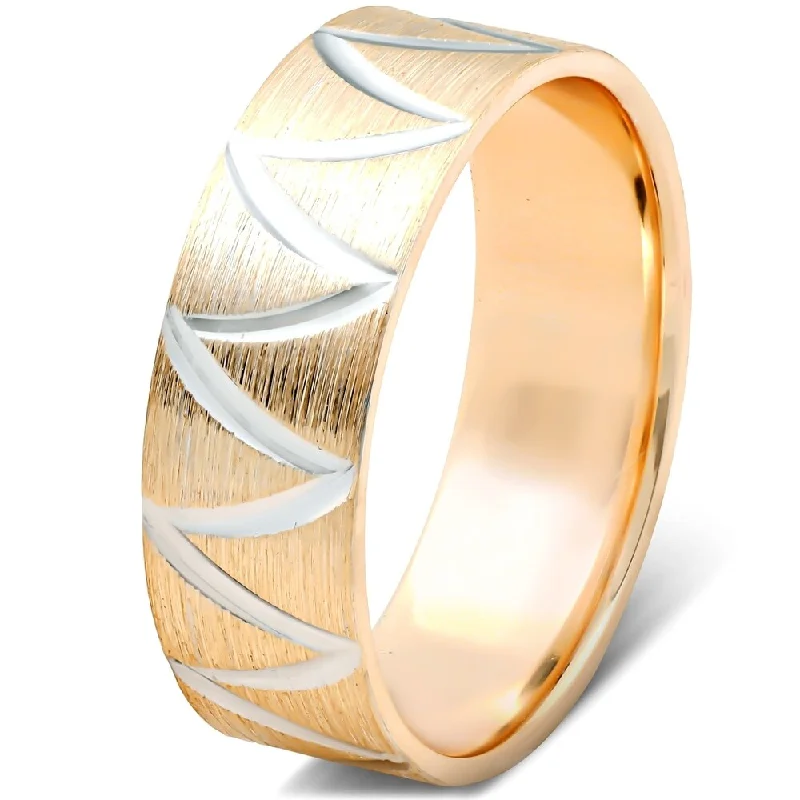 Engraved initial ring-Pompeii3 10k Yellow Gold Two Tone Wave Cut Ring Mens Wedding Band 6mm