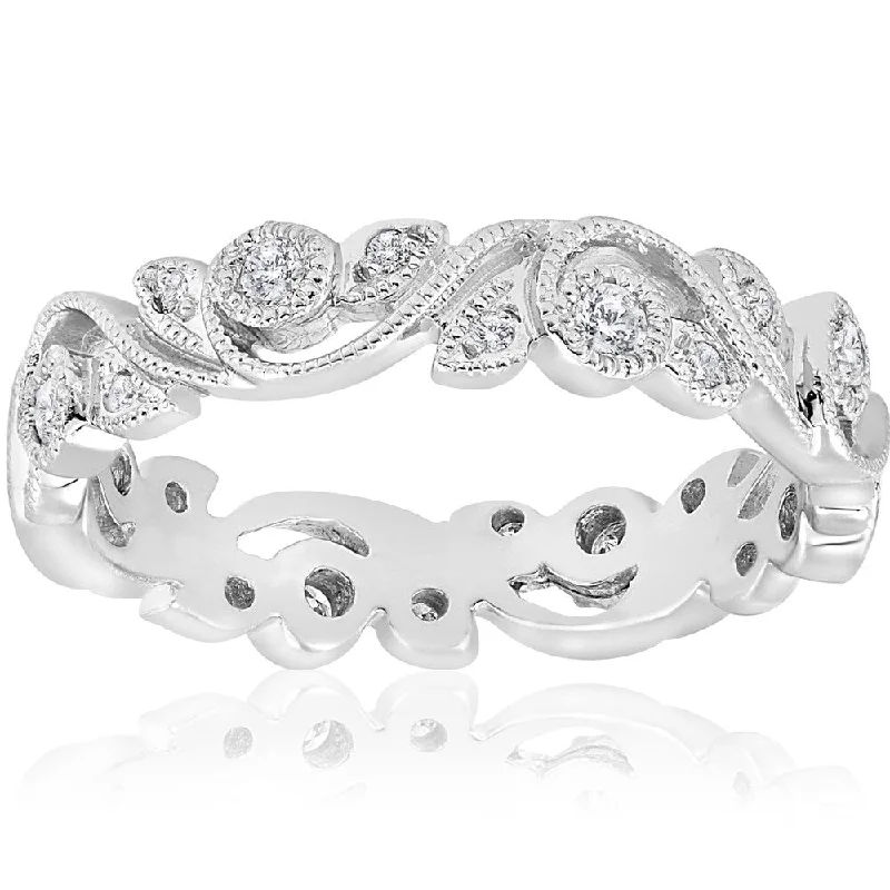 Slack coil ring-Pompeii3 14k White Gold 1/4 ct TDW Diamond Vintage Filigree Petal Leaf Eternity Wedding Ring