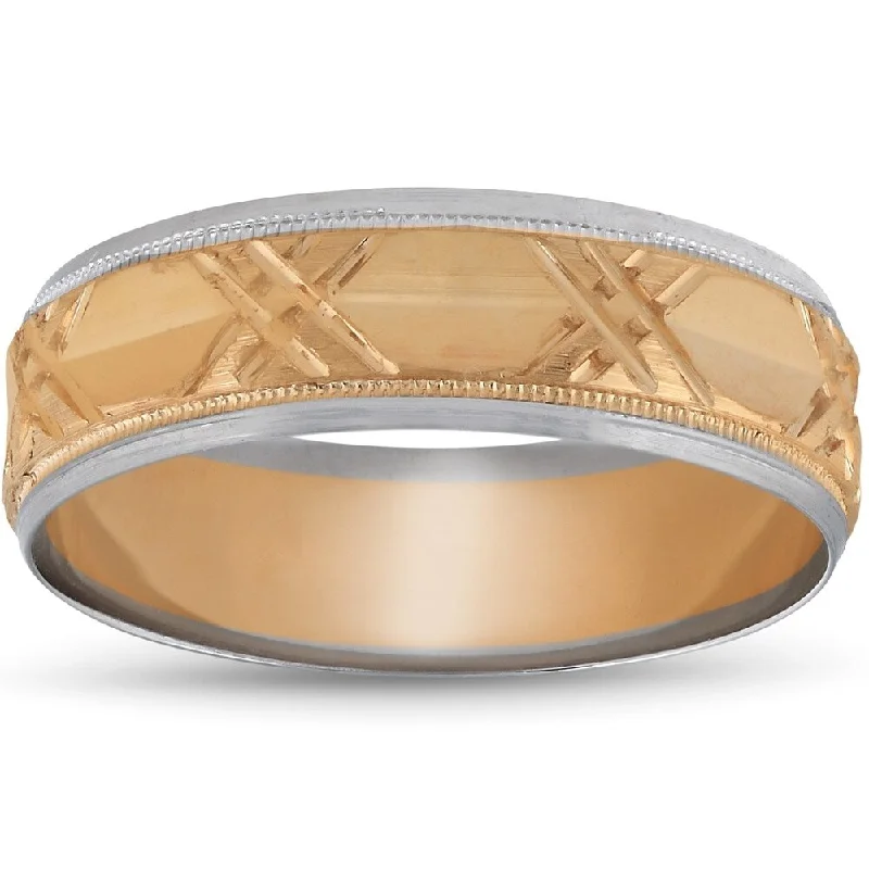 Offset stone ring-Pompeii3 14k White & Rose Gold Two Tone Mens 6mm Hand Carved Wedding Band