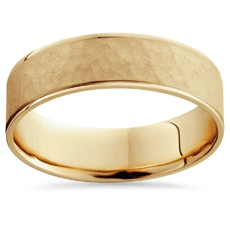 Ten-gem ring-Pompeii3 14k Yellow Gold Brushed Hammered 6MM Flat Comfort Fit Wedding Ring Mens Band - White