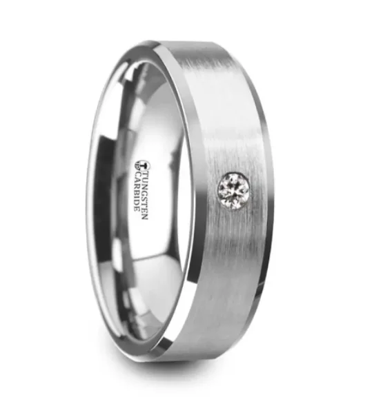 Nonagonal stone ring-PORTER Brushed Finish Tungsten Ring with White Diamond Setting and Beveled Edges