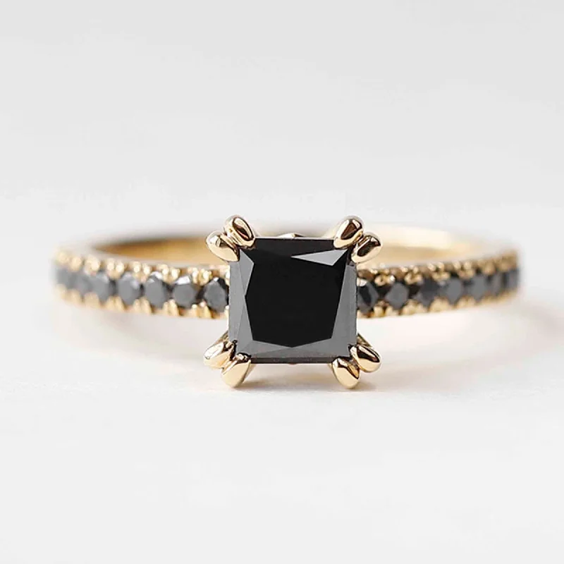 Bloom-bud ring-14 k Yellow Gold Princess Cut Black Diamond Ring For Her