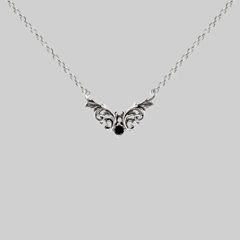 Sunken stone necklace-QUENTIN. Ornate Flourish Chevron Onyx Collar - Silver