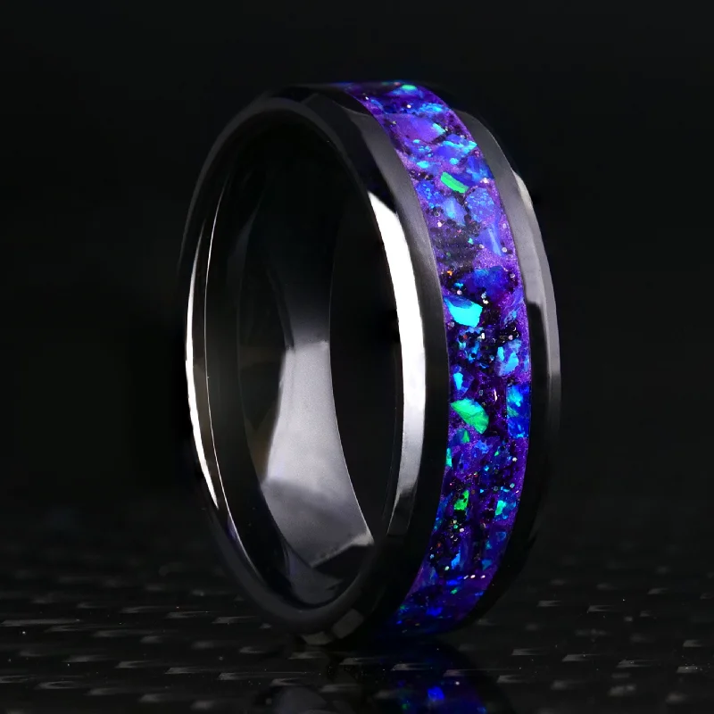 Flexible stone ring-Radiant Lavender Opal Glowstone Ring on Black Ceramic