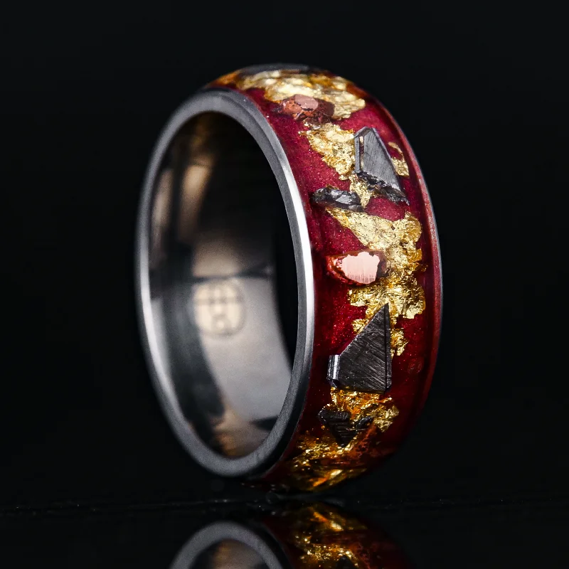 Delicate silver ring-Regal Halo Glowstone Ring on Titanium | Meteorite, Copper, and Gold Leaf