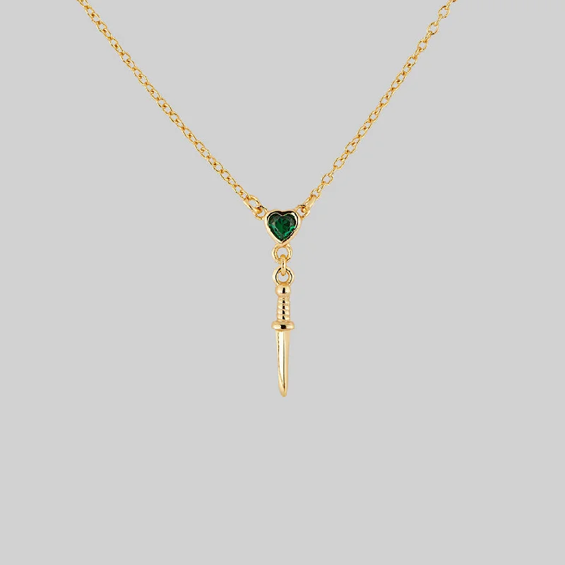 Natural garnet necklace-REIGN. Green Heart & Dagger Drop Necklace - Gold