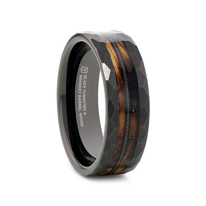 Night moon ring-RIFF Black Tungsten Ring with Charred Whiskey Barrel and Guitar String - 8mm