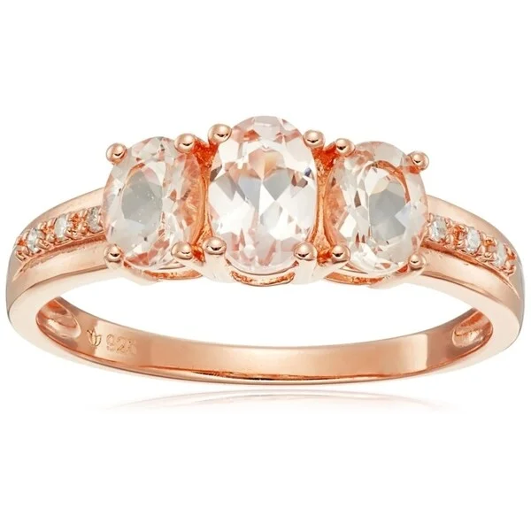 Linked knot ring-Rose Gold-plated Silver Morganite, Diamond 3-Stone Oval Ring, Size 7 - Pink