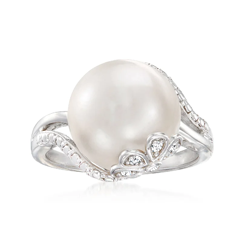 Satin gold ring-Ross-Simons 12-12.5mm Cultured Pearl Ring With Diamond Accents in Sterling Silver