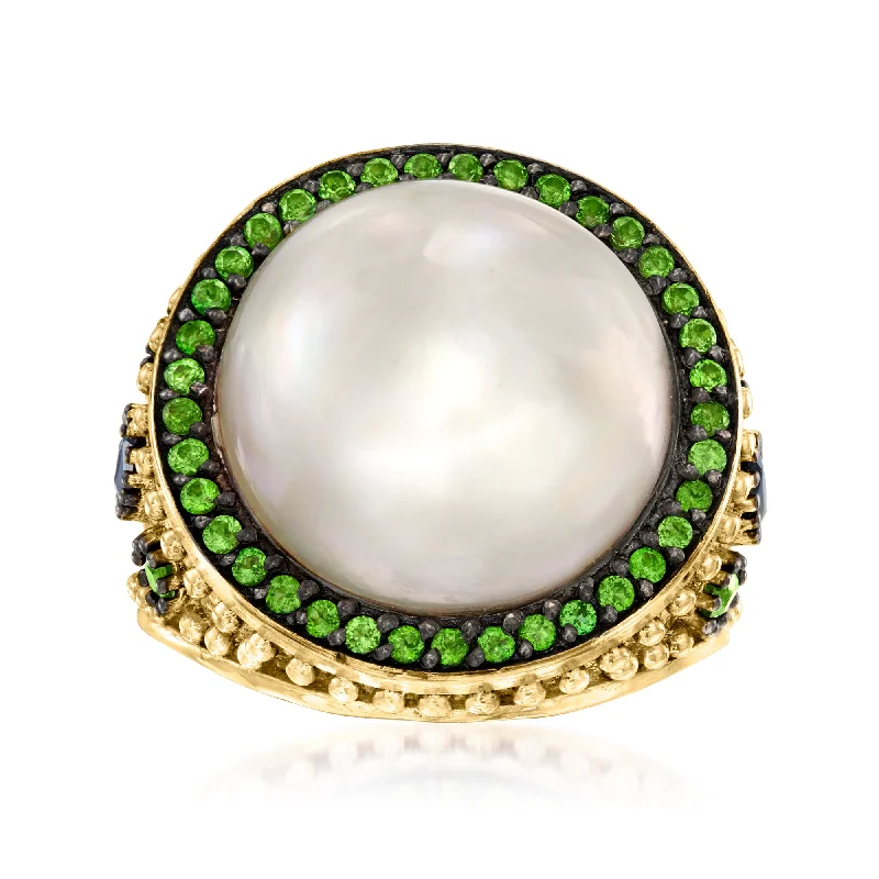 Dainty filigree ring-Ross-Simons 15mm Cultured Mabe Pearl and . Chrome Diopside Ring With . Sapphires in 18kt Yellow Gold Over Sterling