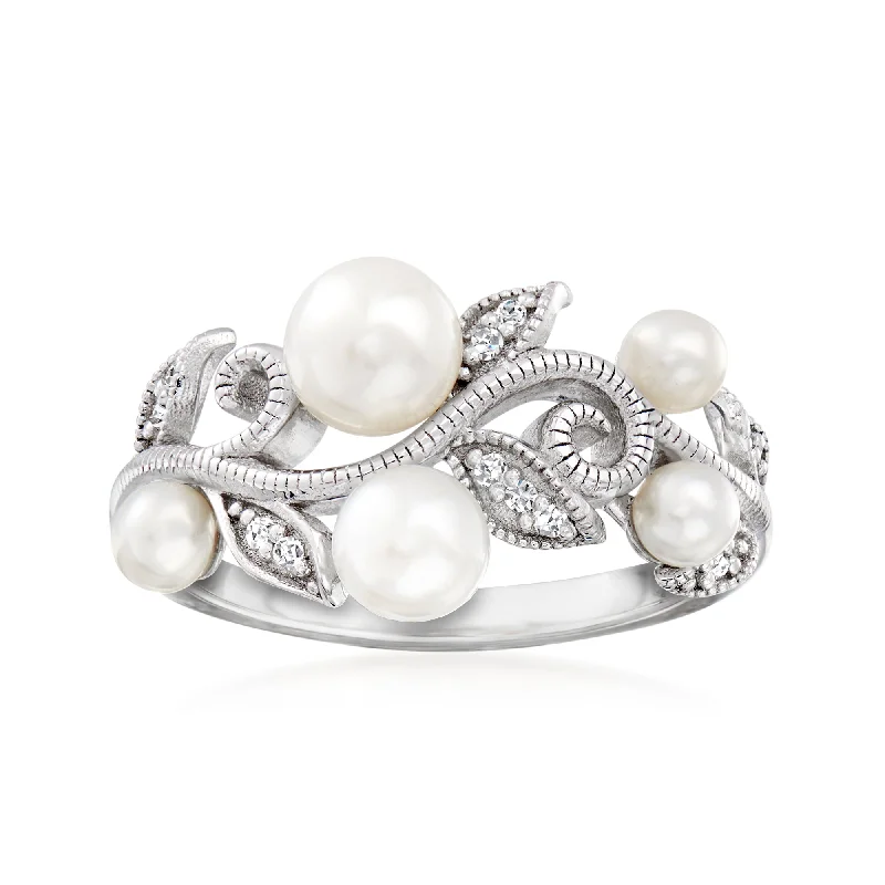 Five-heart ring-Ross-Simons 3-5.5mm Cultured Pearl Leaf Ring With Diamond Accents in Sterling Silver