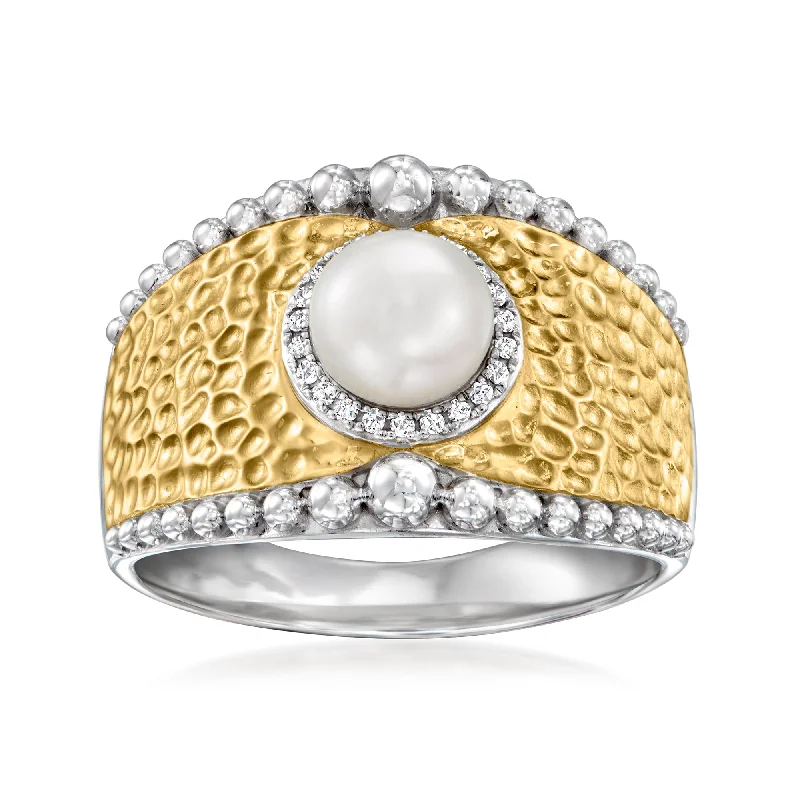 Clasped gem ring-Ross-Simons 6-6.5mm Cultured Pearl Beaded Ring With Diamond Accents in Sterling Silver and 18kt Gold Over Sterling