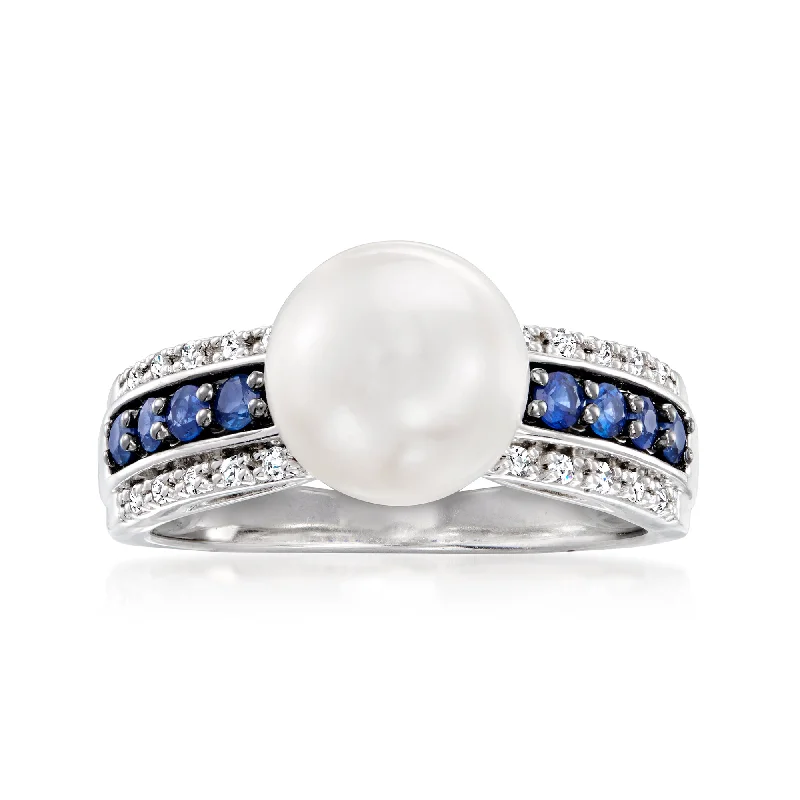 Swept gem ring-Ross-Simons 8.5-9mm Cultured Pearl, . Sapphire and . Diamond Ring in Sterling Silver