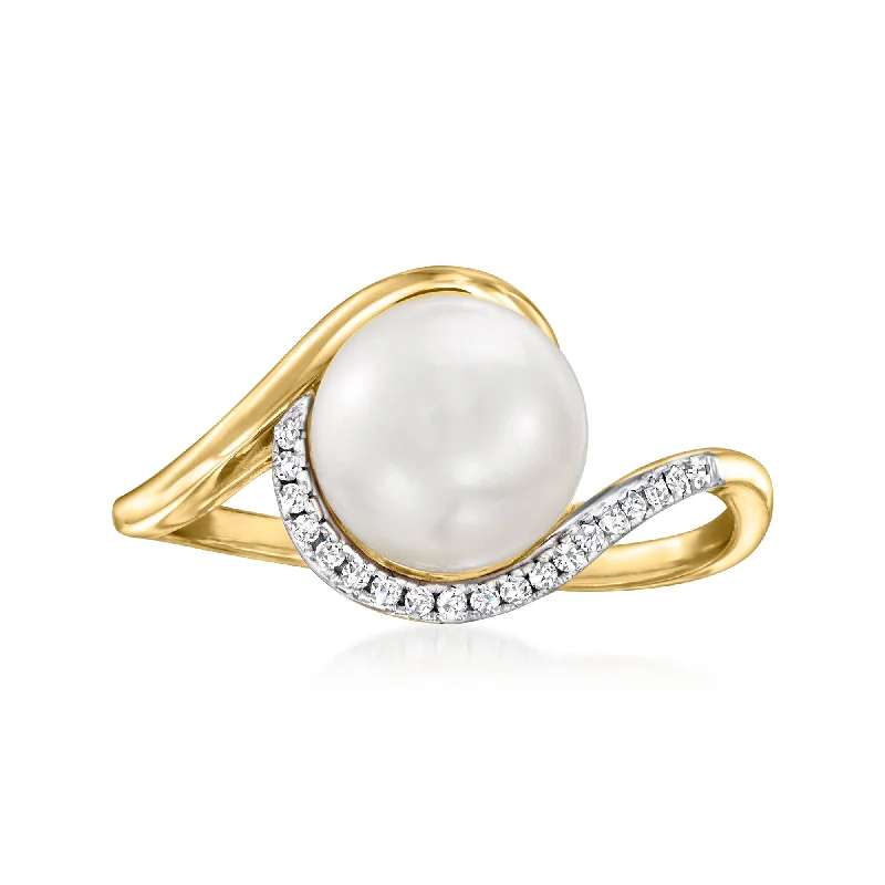 Fused-ring band-Ross-Simons 8-8.5mm Cultured Pearl Ring With Diamond Accents in 14kt Yellow Gold