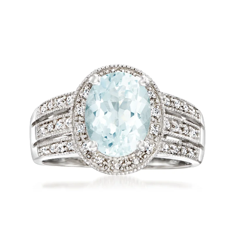 Peaked ridge ring-Ross-Simons Aquamarine Ring With Diamond Accents in Sterling Silver