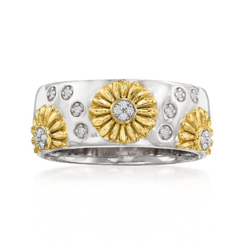 Stippled band ring-Ross-Simons Diamond-Accented Sunflower Ring in 2-Tone Sterling Silver