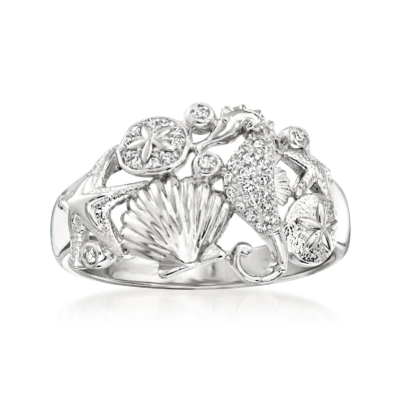 Solid-set pave ring-Ross-Simons Diamond Sea Life Ring in Sterling Silver