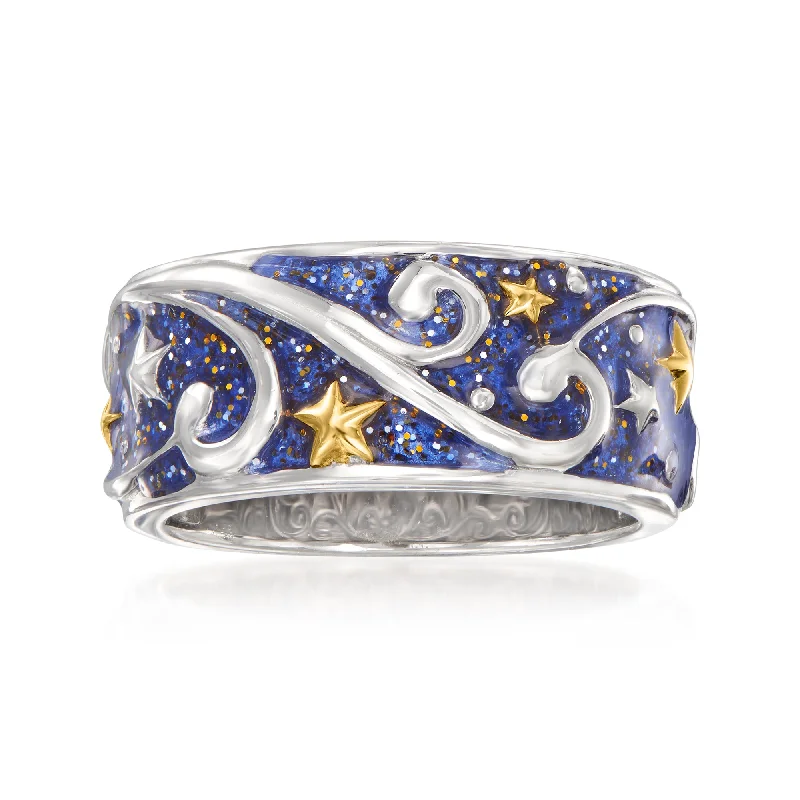 Radiant silver ring-Ross-Simons Glittery Blue Enamel Celestial Ring in 2-Tone Sterling Silver