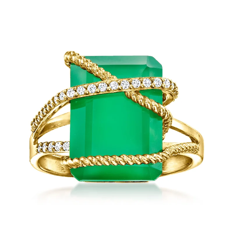 Crest motif ring-Ross-Simons Green Chalcedony and Diamond Ring in 14kt Yellow Gold